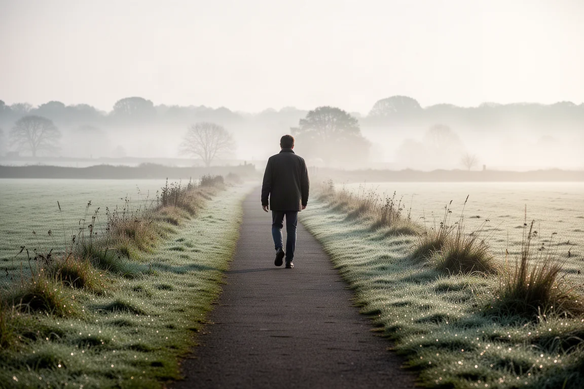 Person walking along a dewy countryside footpath in early morning light