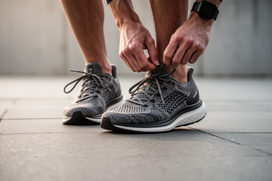 Läufer schnürt einen Strick-Laufschuh auf einer stillen Morgenstraße
