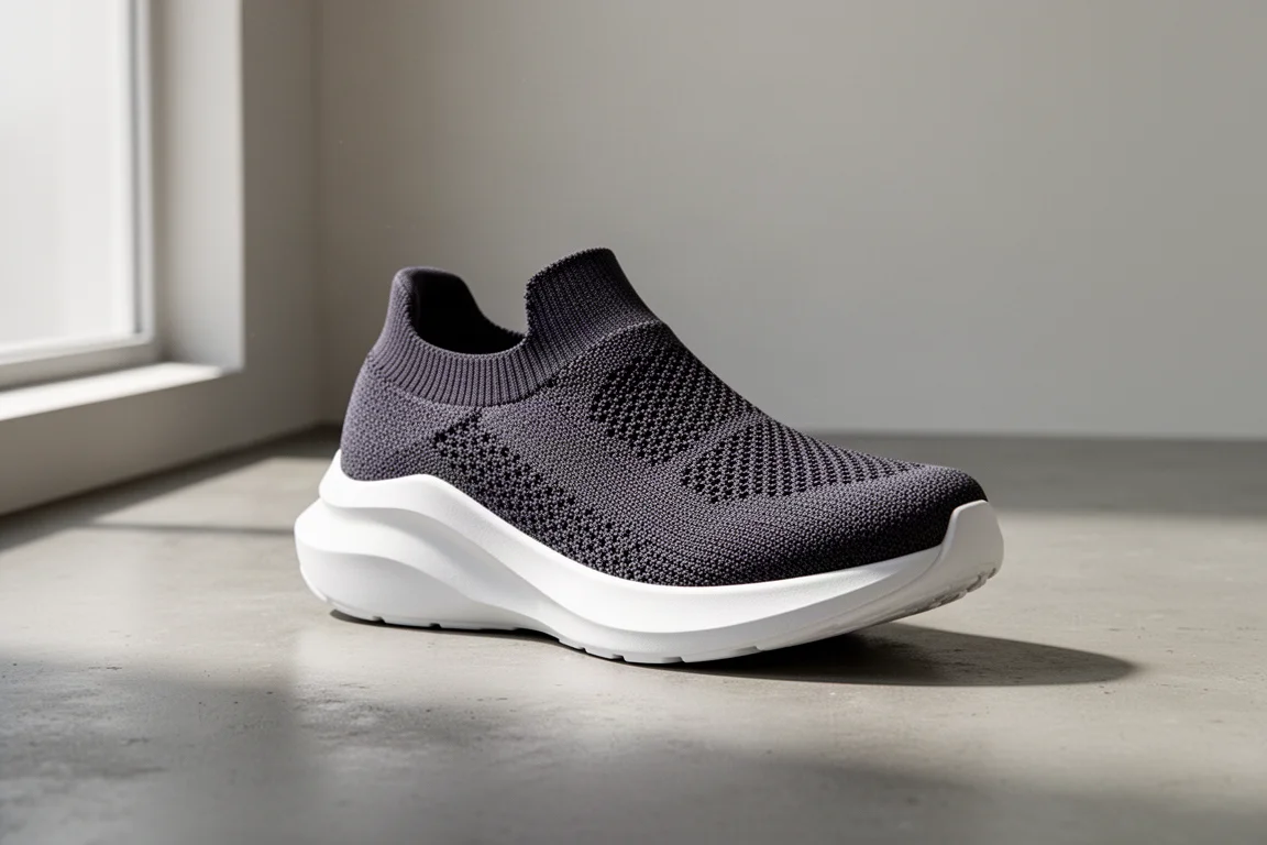 Nike InfinityRN 4 running shoe with knit upper and thick white midsole on concrete
