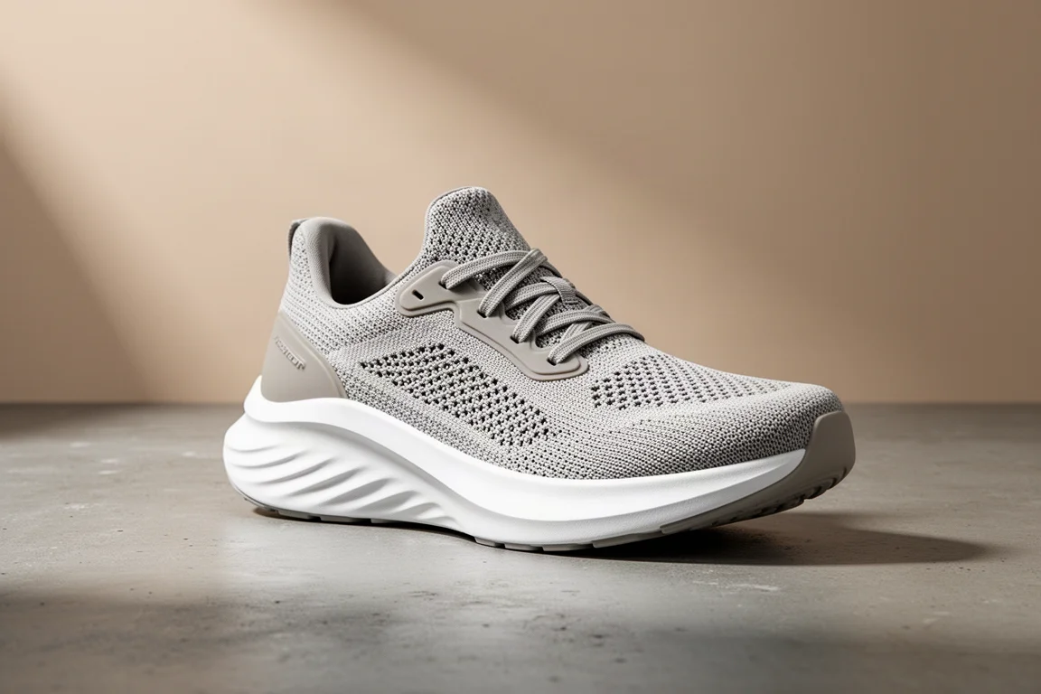 Nike InfinityRN 4 running shoe with thick white foam midsole on concrete surface