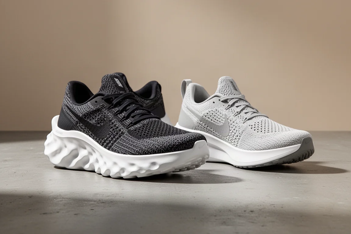 Two knit running shoes with thick cushioned midsoles on a concrete surface
