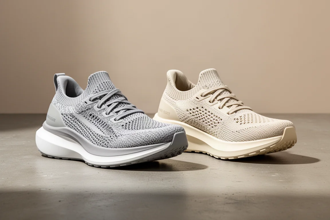 Two cushioned running shoes side by side on a matte concrete surface