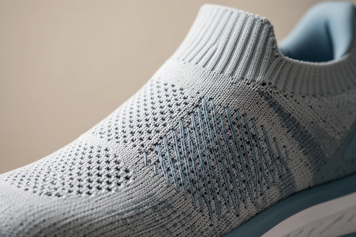 Flyknit 跑鞋鞋面特写,展示嵌入式结构纱线