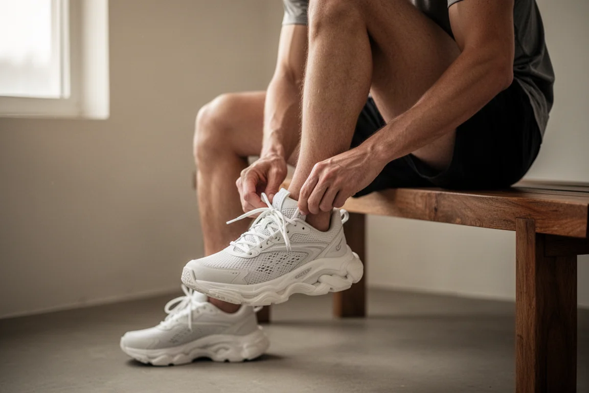 Coureur enfilant une chaussure de running max-amorti moelleuse devant une porte