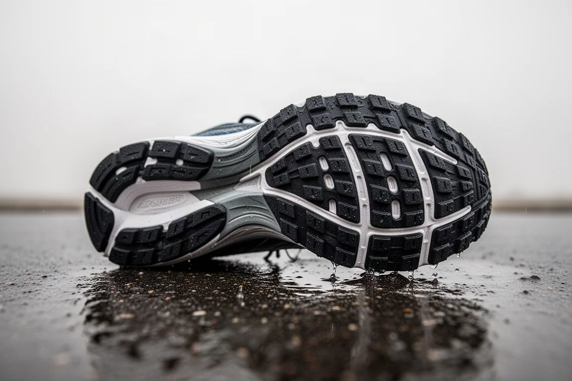 Motif de semelle extérieure d'une chaussure de running sur chaussée mouillée