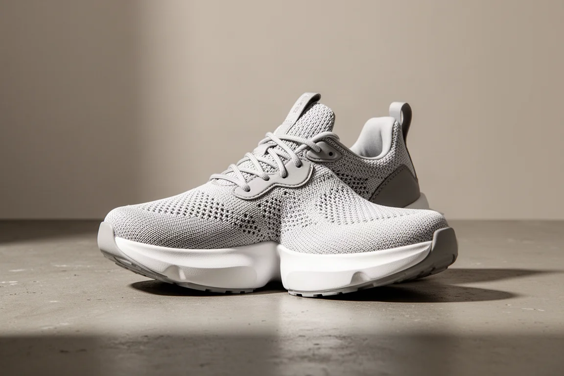 Laufschuh mit maximaler Dämpfung, Strickobermaterial und dicker weißer Mittelsohle auf Beton