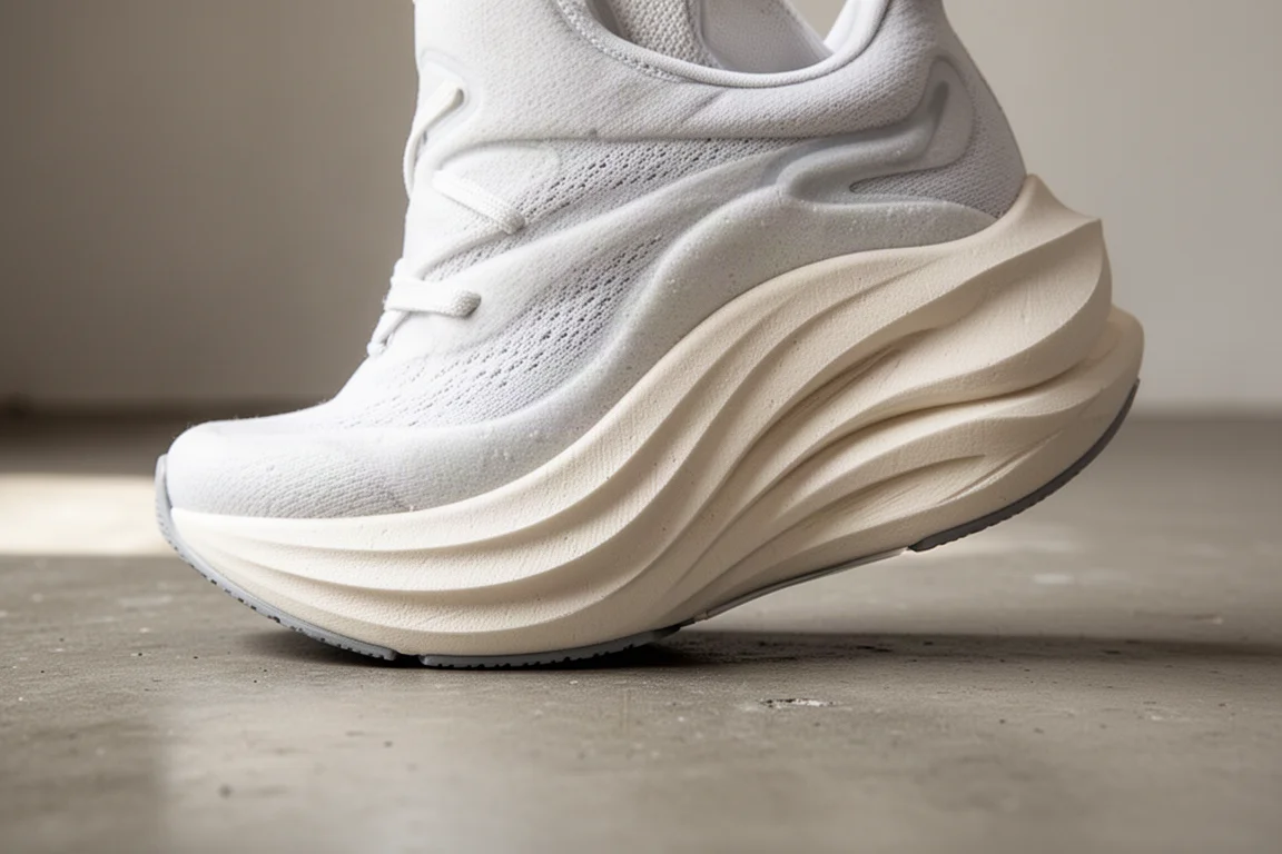 Gros plan sur une semelle intermédiaire blanche épaisse en mousse max cushion d'une chaussure de running