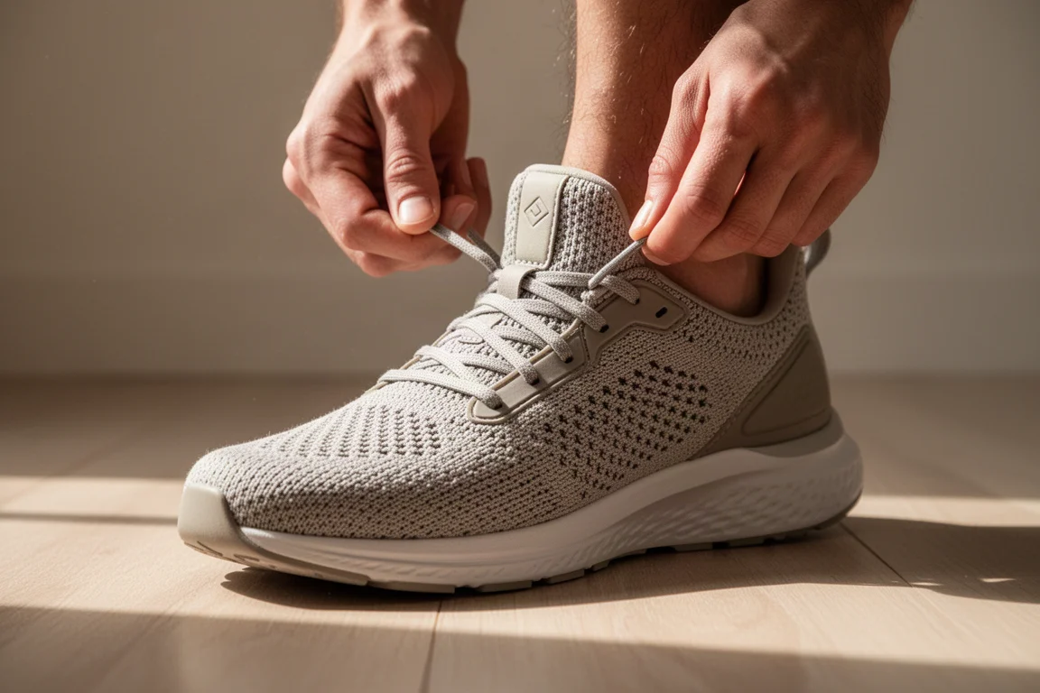 Mains d'un coureur nouant les lacets d'une chaussure de running en maille moelleuse, en intérieur