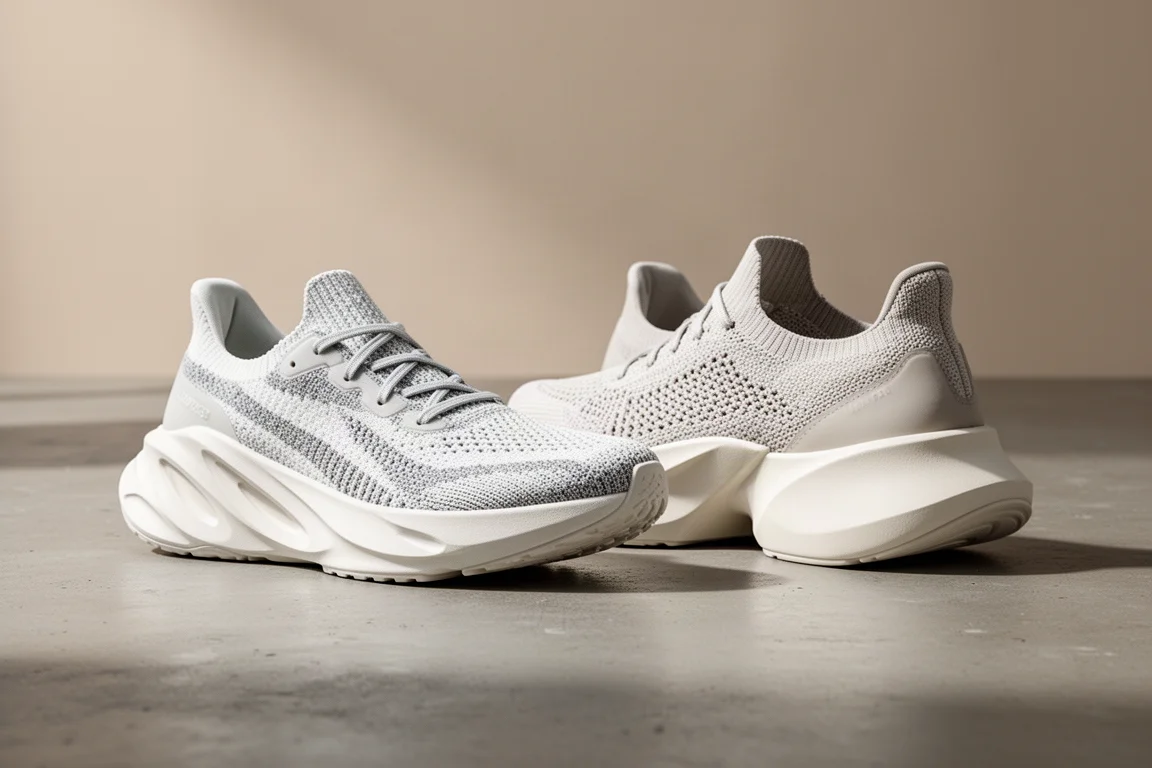 Two max cushion running shoes side by side on a concrete surface