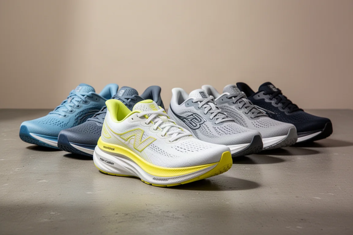 Six cushioned running shoes arranged on a matte concrete surface