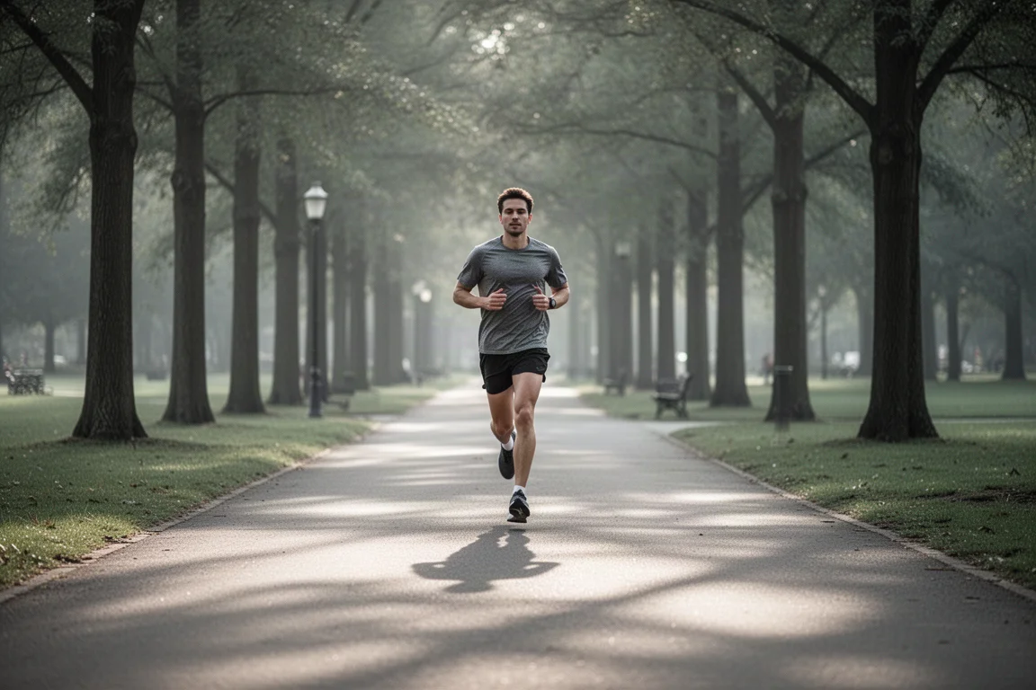 Löpare som joggar i lugnt tempo på en stig i en park med träd