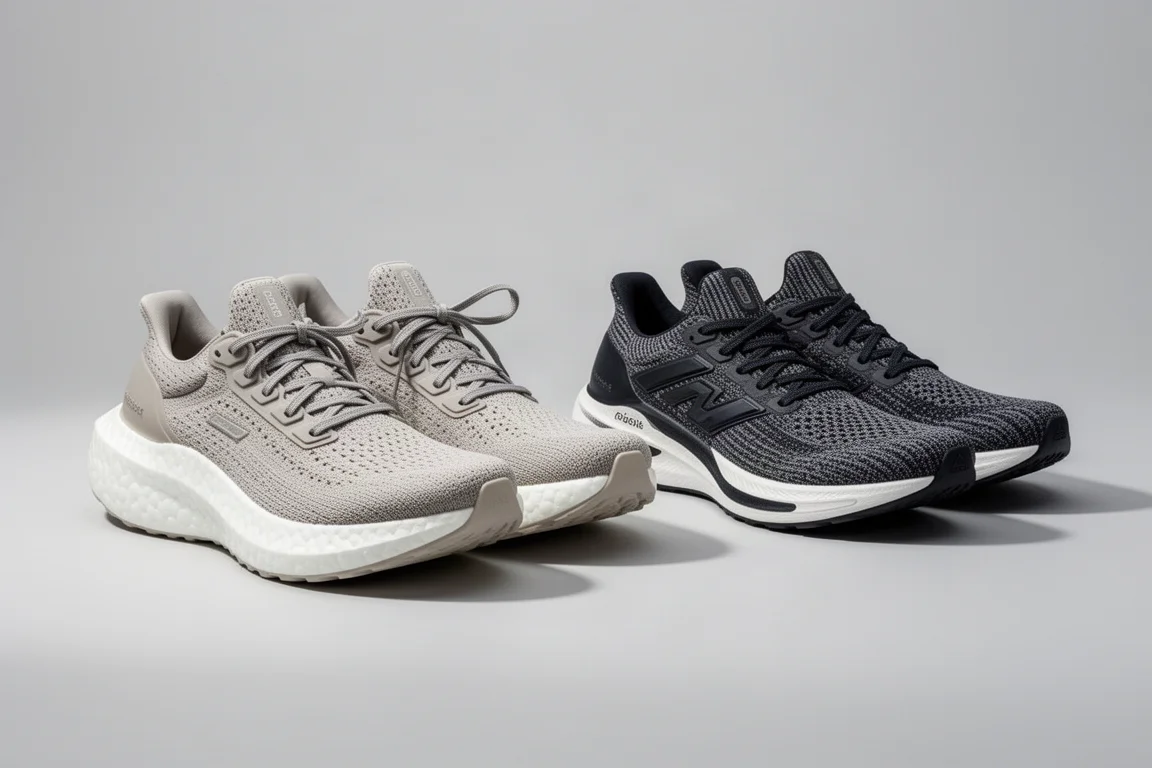 Two pairs of Nike running shoes side by side on a grey studio backdrop