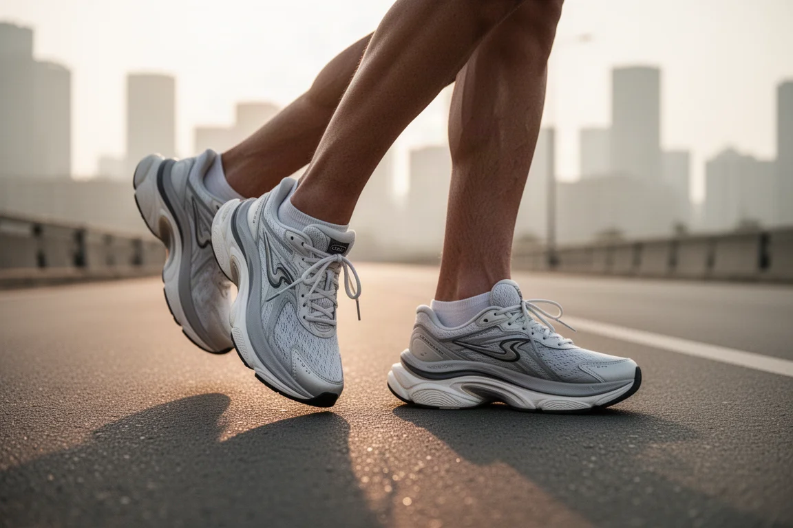 Runner lacing up a pair of high-cushion running shoes on a city pavement