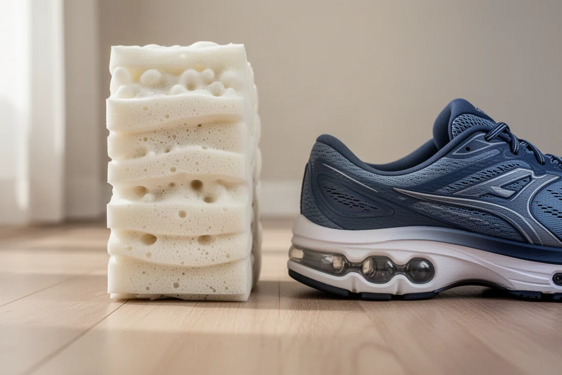 Close-up of thick foam midsole stacks on two running shoes