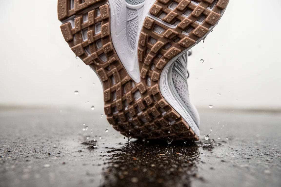Rubber outsole of a running shoe gripping wet pavement