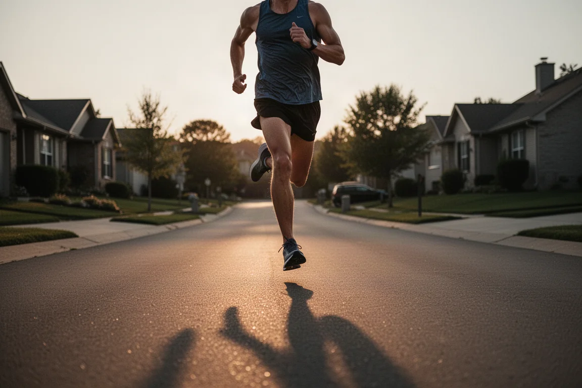 Runner on a quiet suburban road at dusk in soft easy-pace stride