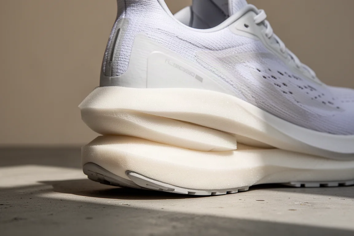 Close-up of the tall foam midsole of a max cushion running shoe on a concrete surface