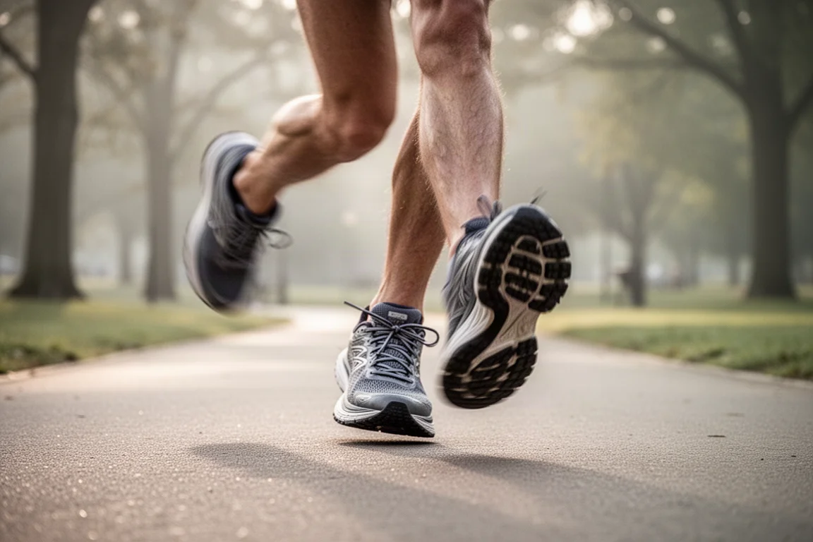 Runner's feet mid-stride on a quiet paved path in soft morning light