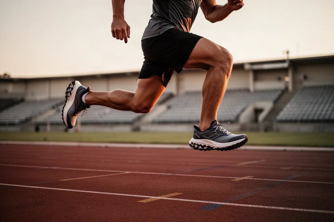 Runner training at speed on a track during an evening workout