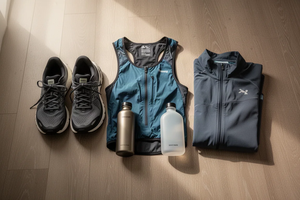 Running shoes and gear laid out on a wooden floor beside a marathon training bag
