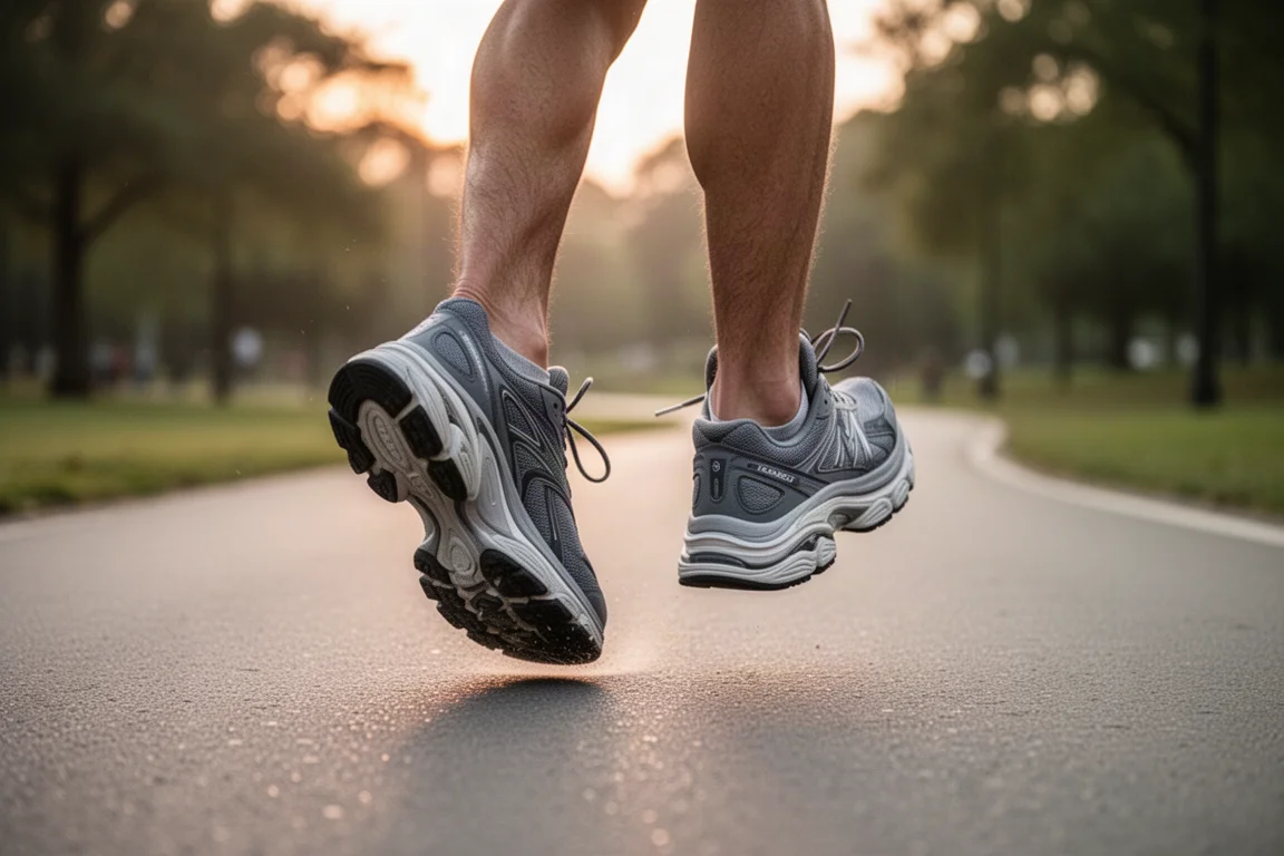 Pieds d'un coureur en chaussures d'entraînement amorties sur du bitume lisse au lever du soleil