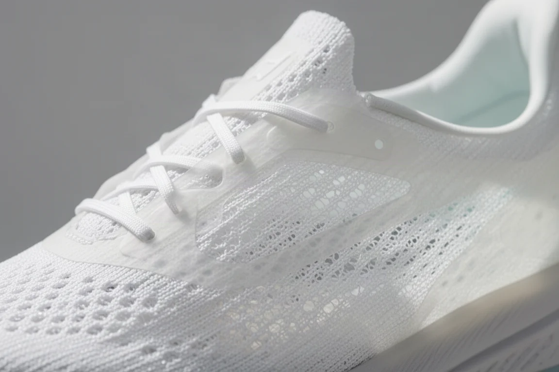 Gros plan d'une tige de chaussure de running style racer en mesh laissant passer la lumière