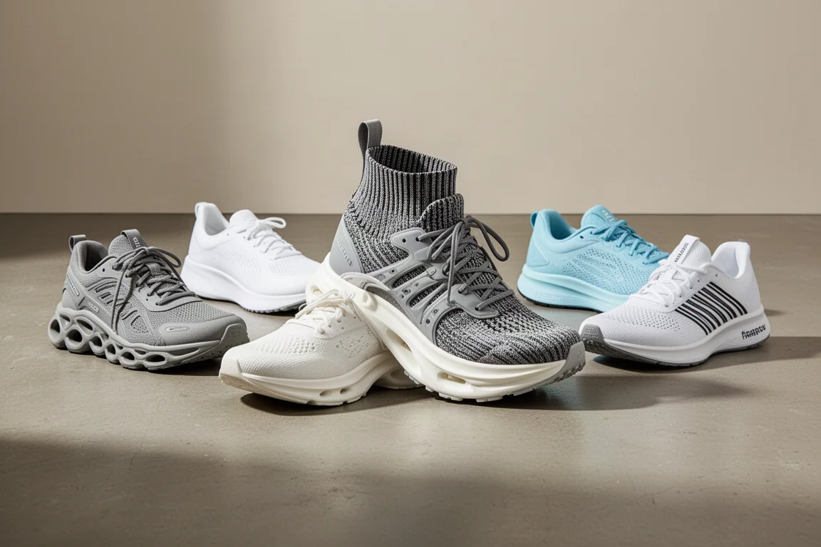 Five running shoes arranged on a concrete studio floor