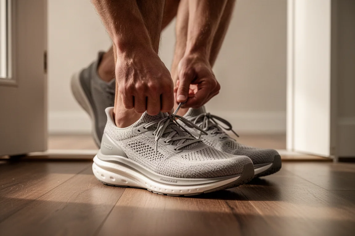 Un corridore allaccia una scarpa da running ammortizzata su un pavimento in legno prima di una corsa