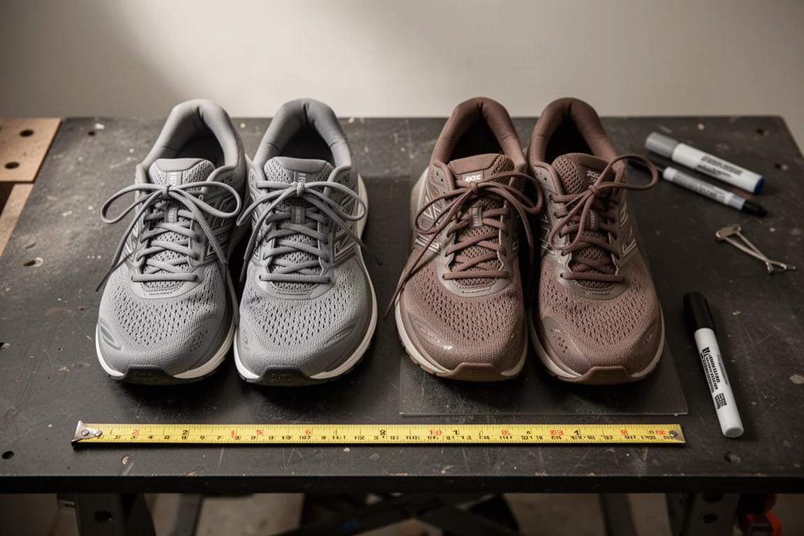 Due paia di scarpe da running affiancate su un banco da lavoro con un metro a nastro