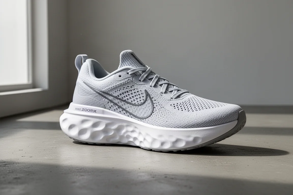 Nike Invincible Run Flyknit running shoe with thick white foam midsole on concrete