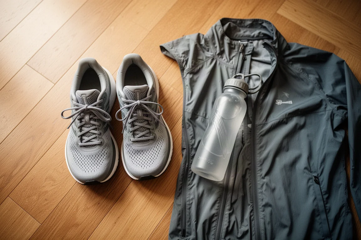 Gedämpfte Laufschuhe neben einer Wasserflasche nach einem langen Lauf