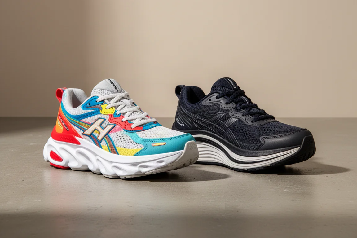Nike Invincible and Adidas Adistar max cushion running shoes side by side on concrete
