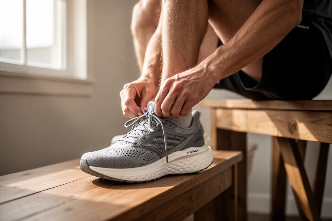 Coureur lacent une chaussure de running à gros amorti sous une douce lumière du matin