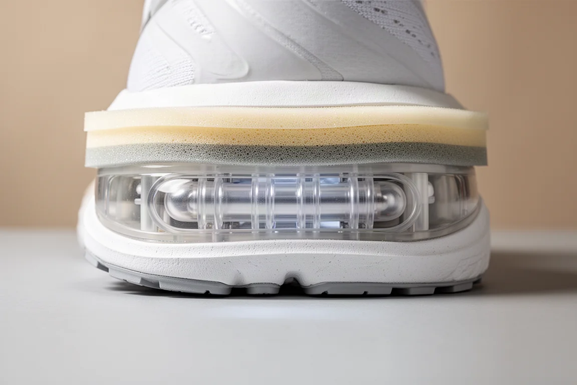 Gros plan sur une unité d'air pleine longueur dans la semelle intermédiaire d'une chaussure de running