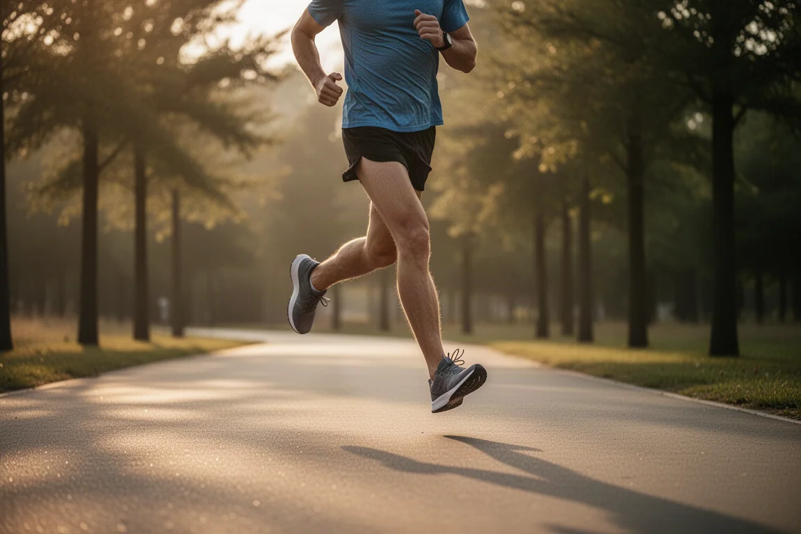 Coureur glissant sur un chemin pavé à une allure tranquille dans une douce lumière du soir