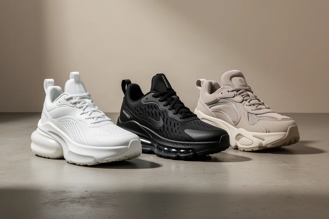 Three Nike max cushion running shoes side by side on a concrete surface