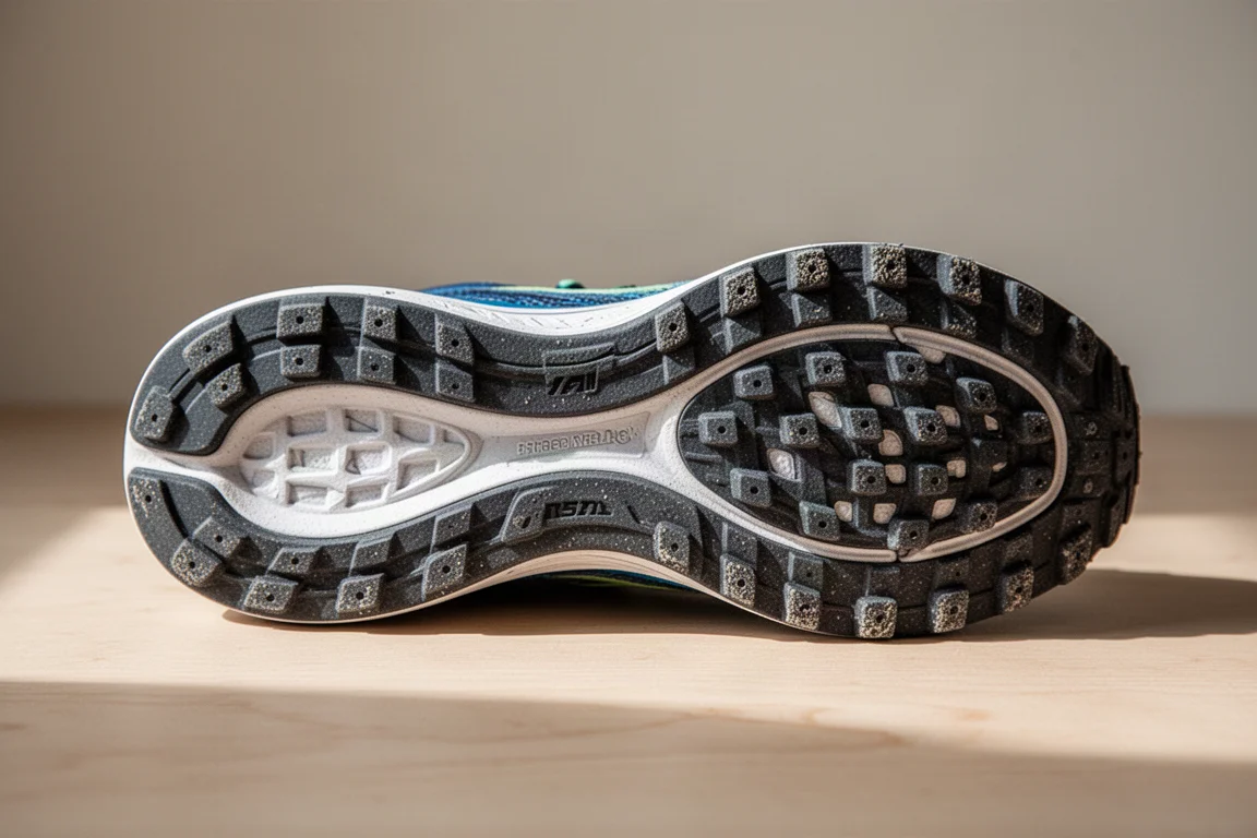 Waffle-profiel rubberen buitenzool van een hardloopschoen in detail weergegeven