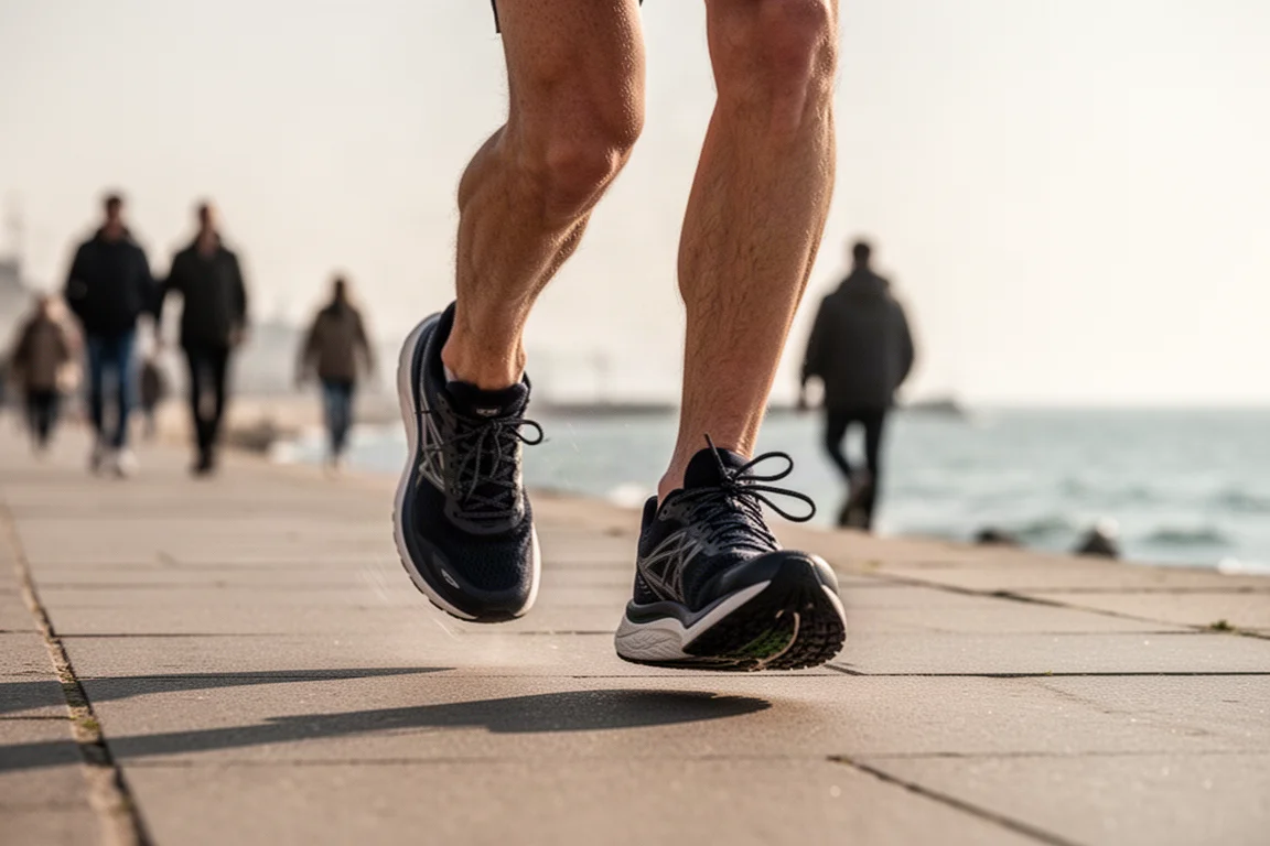 Un runner allaccia una scarpa da allenamento quotidiana leggera su una pista urbana all'alba