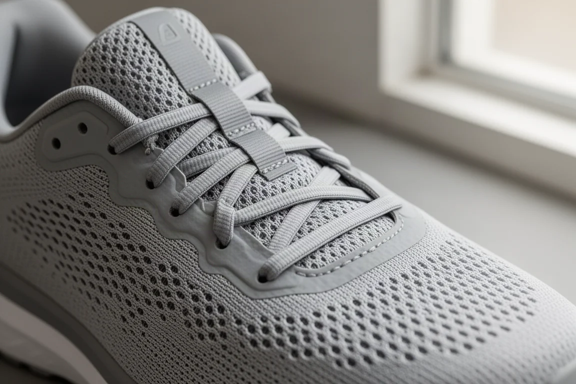 Primo piano della tomaia in mesh traspirante e dei cavi Flywire al mediopiede di una scarpa da running
