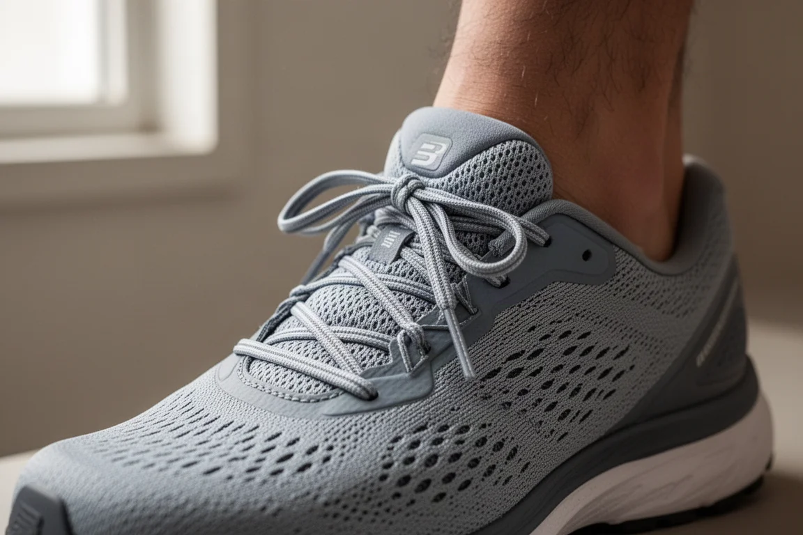Nahaufnahme eines Laufschuh-Obermaterials und Schnürsenkel mit Läuferknoten