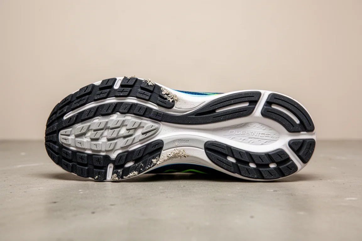 Unterseite einer Laufschuh-Außensohle mit sichtbarem Gummiabriebmuster