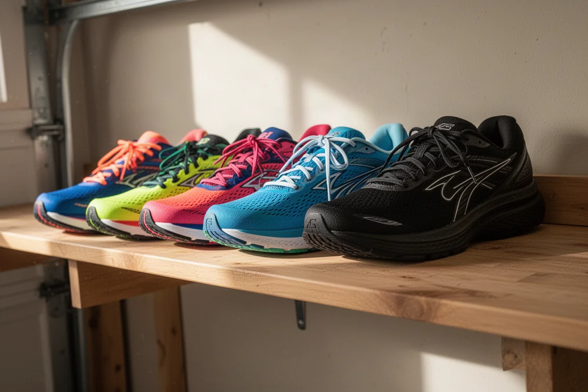 A shelf of running shoes from several generations lined up side by side