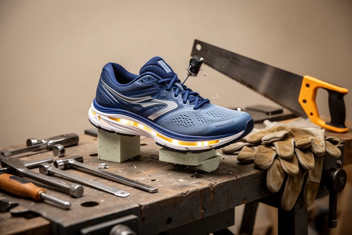 A shoe midsole being carefully cut with a blade on a workbench