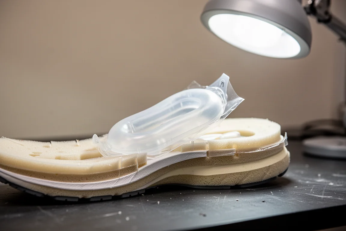 A translucent forefoot air cushion unit removed from a shoe midsole