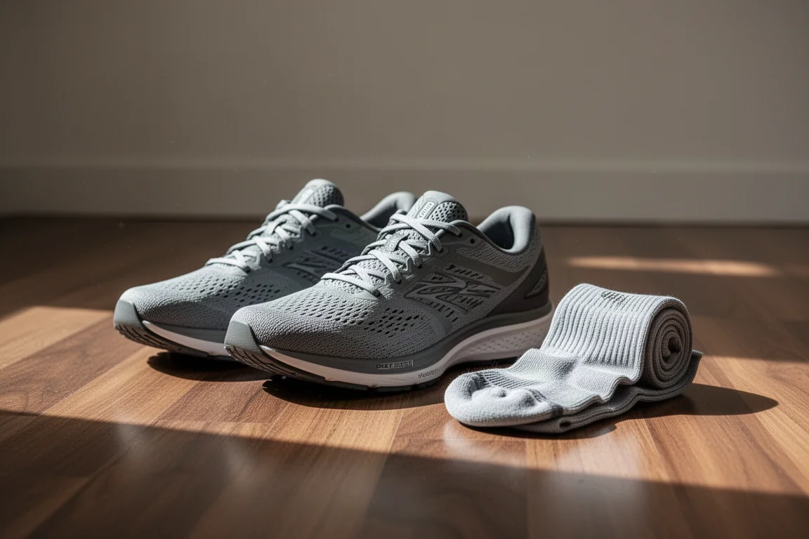 Un corridore allaccia un paio di scarpe da allenamento quotidiane su un pavimento in legno
