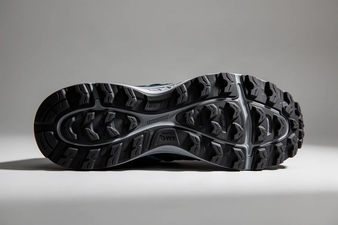 Primo piano della suola esterna di una scarpa da running con tasselli in gomma ben visibili