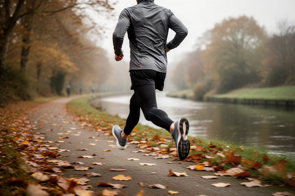 Un corridore accelera lungo un sentiero alberato in autunno