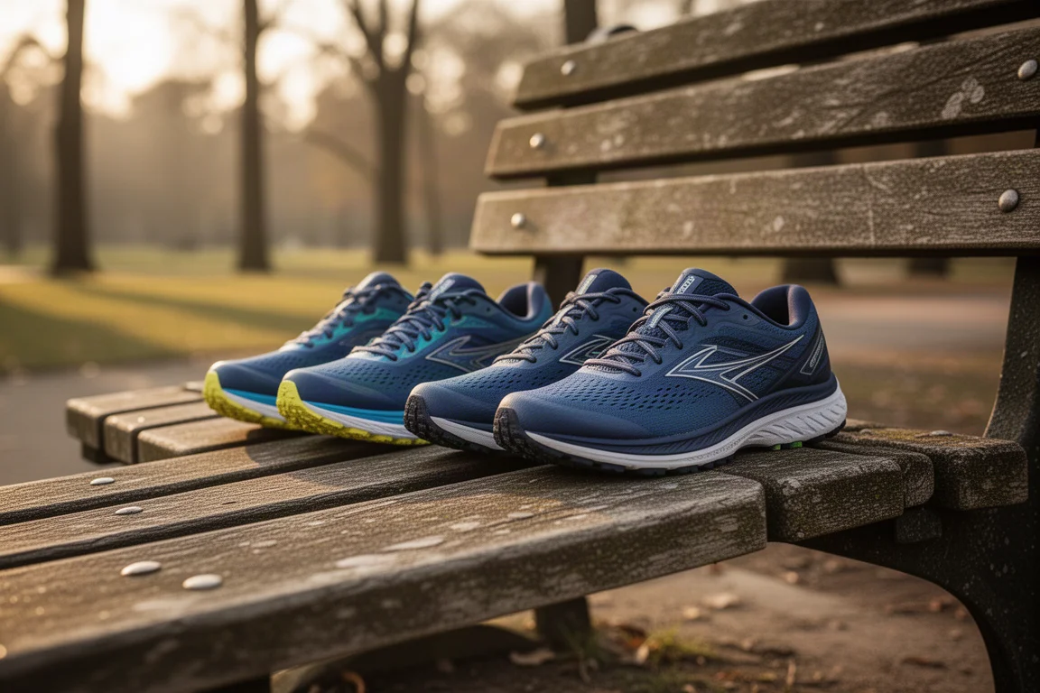 Scarpe da running appoggiate su una panchina del parco nella luce morbida della sera