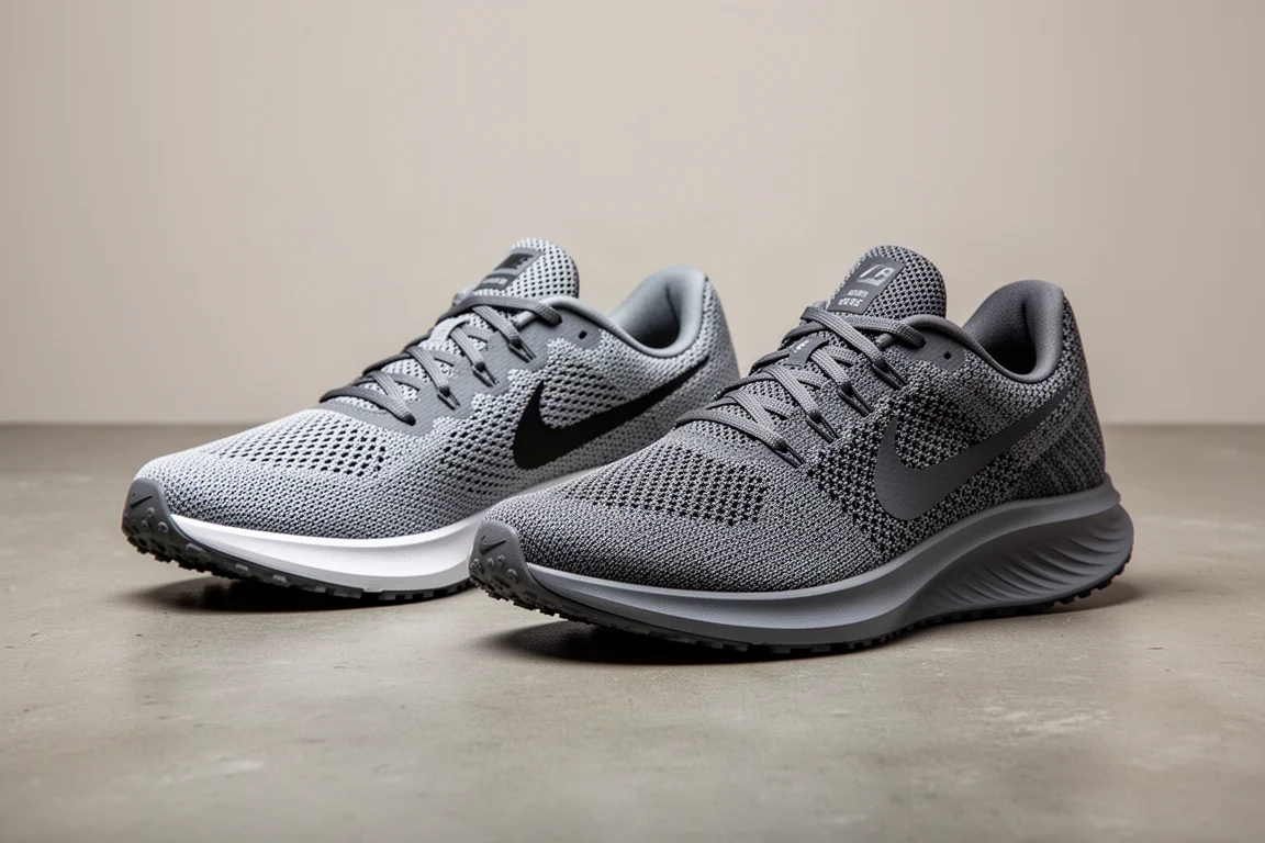 Two pairs of Nike daily running shoes side by side on a concrete studio surface