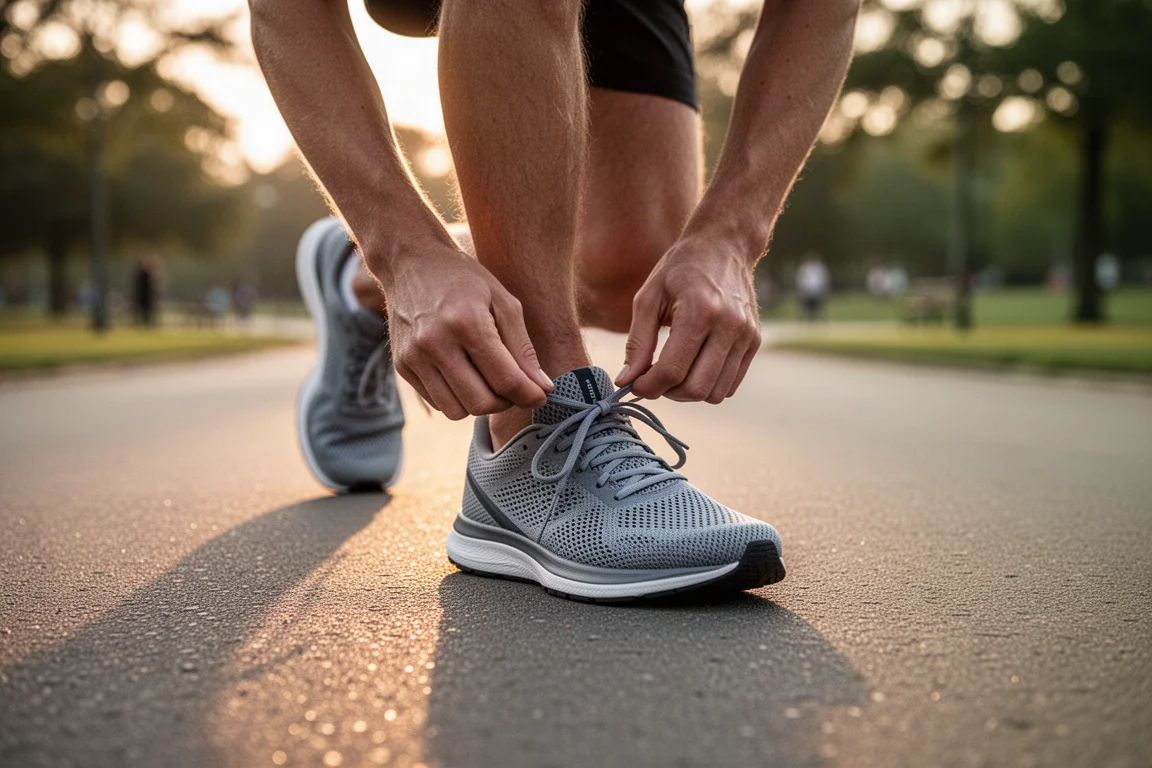 Un runner allaccia una scarpa da allenamento quotidiano su un marciapiede all'alba